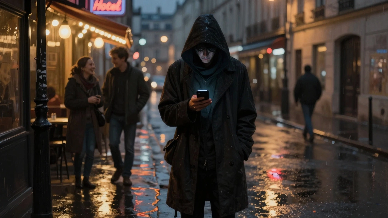 A solitary figure in a rain-soaked Montmartre street, distant tourists unaware, neon signs reflecting on wet pavement.