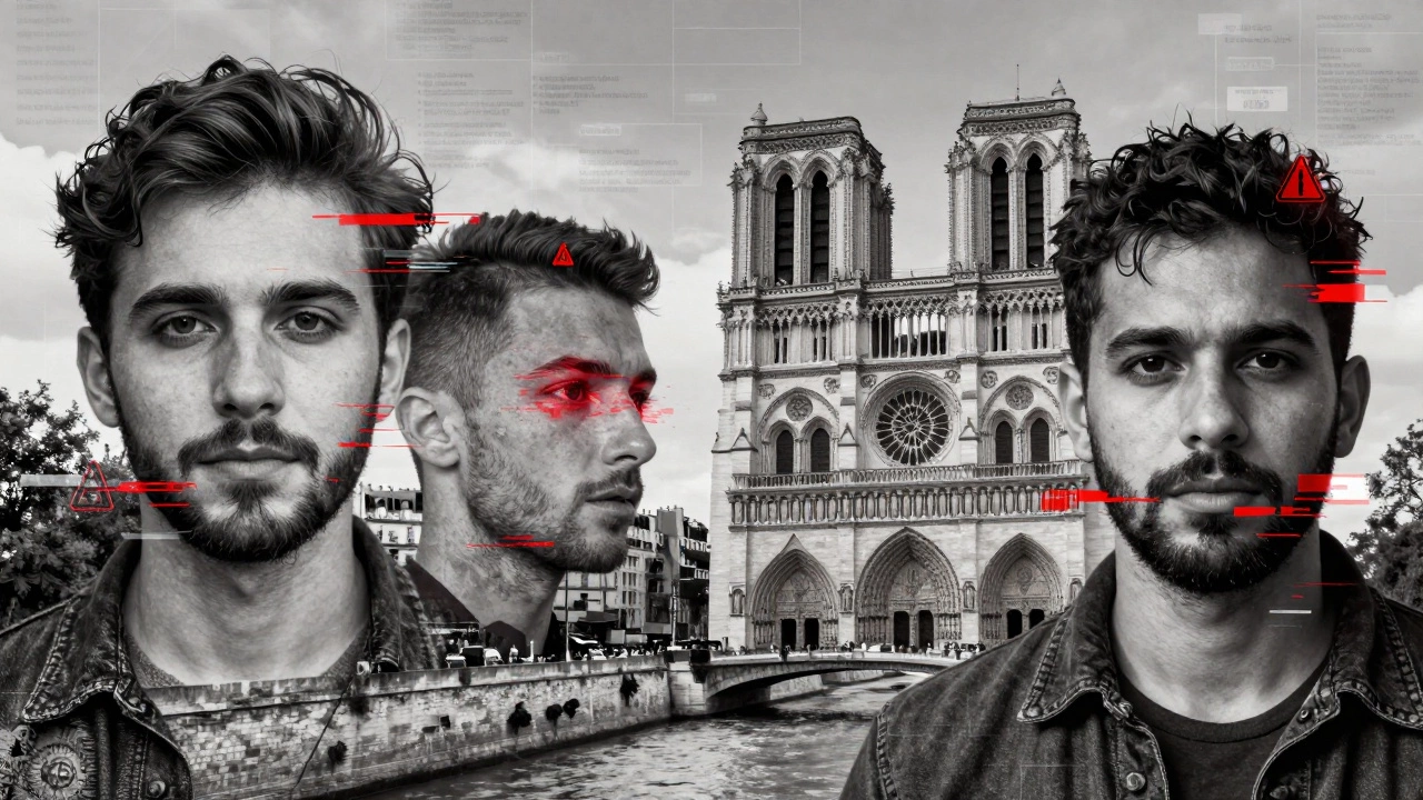 Fragmented faces of migrant workers overlaid on Paris landmarks, hidden behind digital glitches and warning symbols.