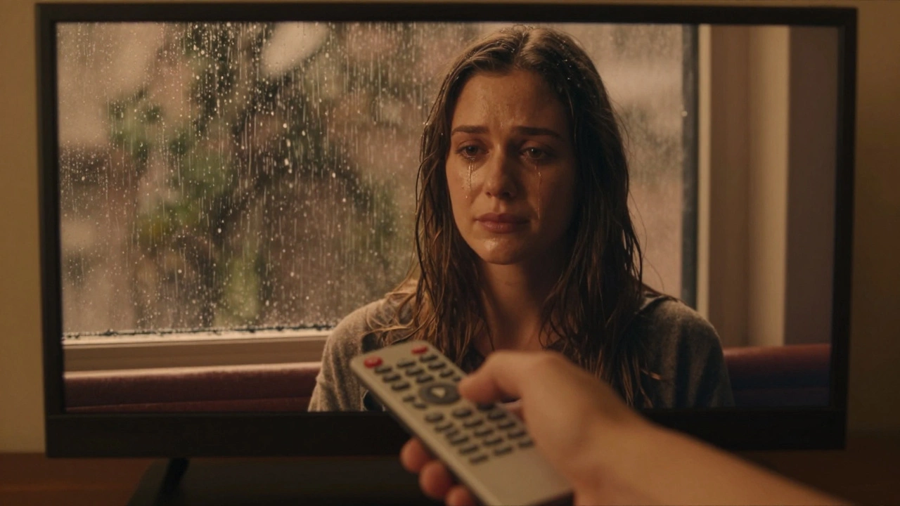 Hand hovering over remote control as a quiet, tearful moment plays on screen behind it.