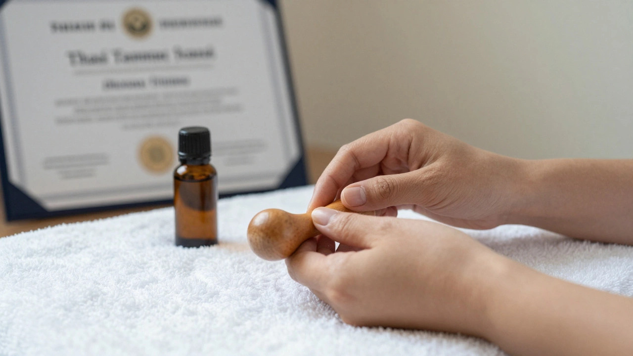 Hands holding a wooden massage tool and essential oil bottle, with a training certificate in the background.