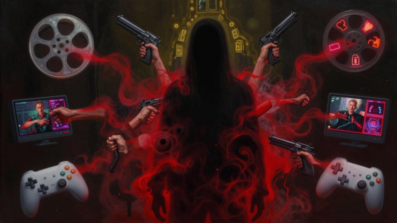 Surreal collage of media icons dissolving into blood-red smoke with violent imagery floating around.