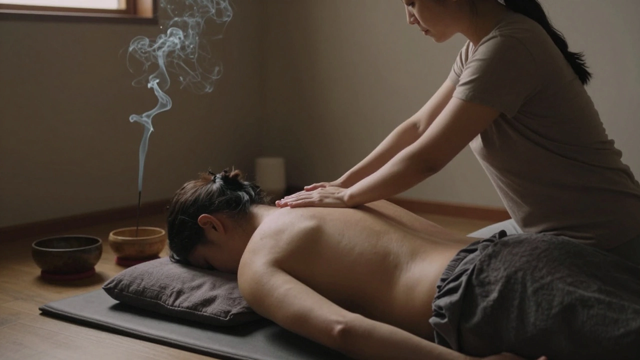 Two people receiving a non-sexual couples massage in a peaceful, candlelit wellness space.